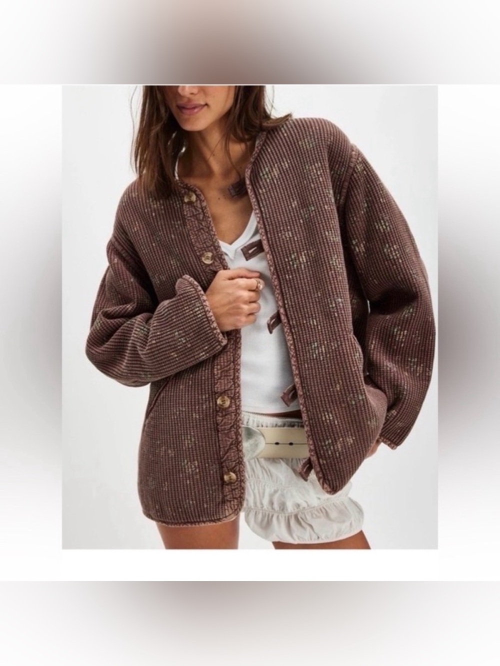 Free People One Dana Liner Jacket Waffle Knit‎ Brown Large